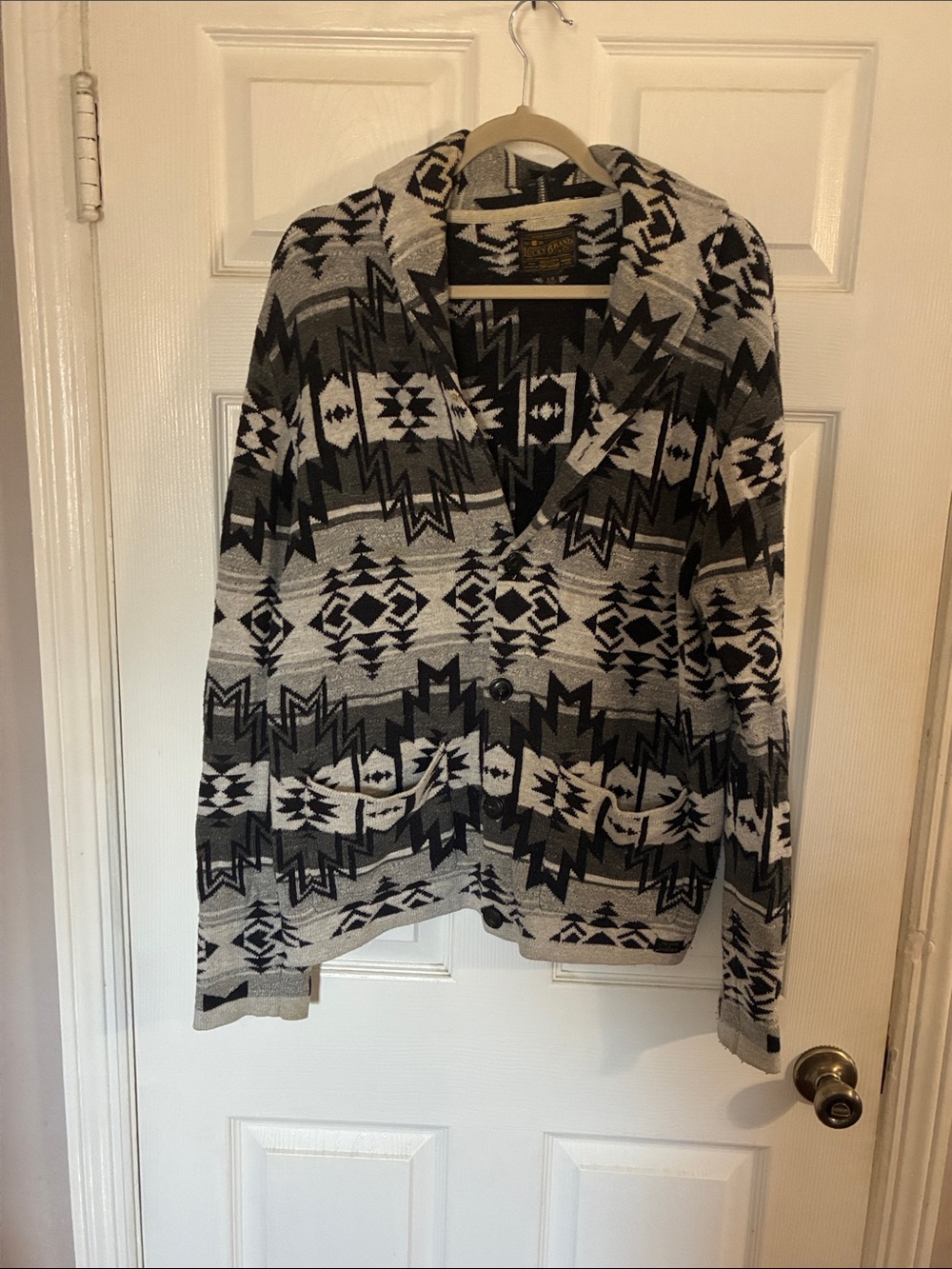Lucky Brand Gray and Black Aztec Shawl Collar Cardigan